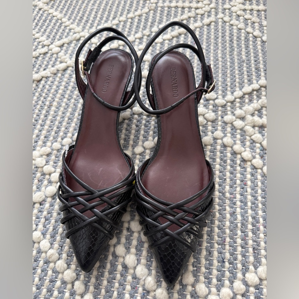 Bernardo Black Snake Embossed Strappy Kitten Heels